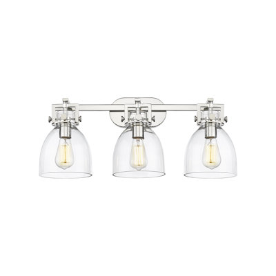 Newton Bell - 3 lumières - 27 pouces - Nickel poli - Abat-jour transparent - Éclairage pour meuble-lavabo