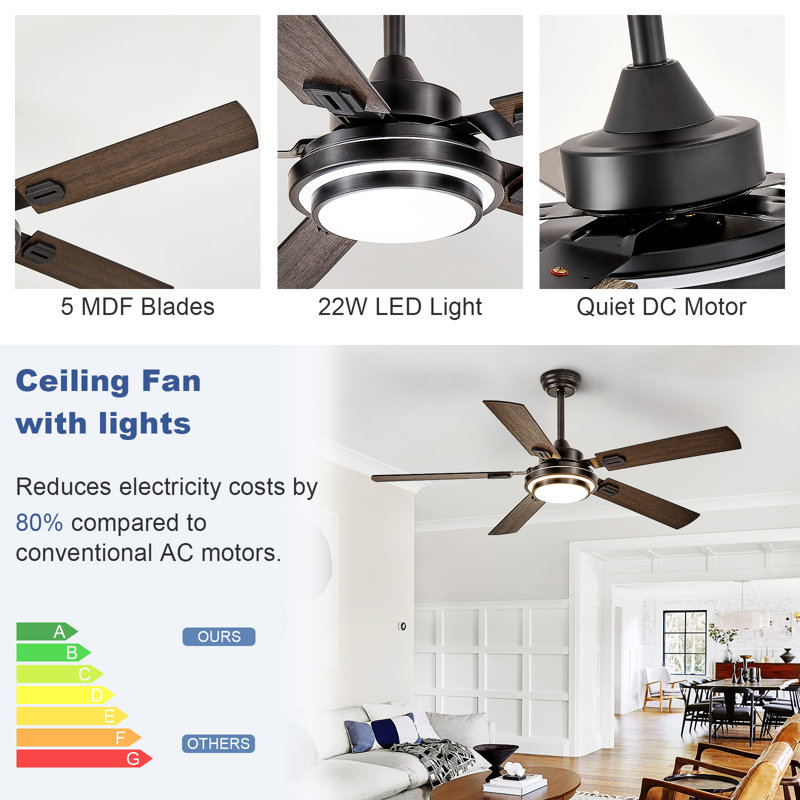 52 Inch Walnut Ceiling Fan with Light, 5-Blade, Gazebo Fan Dual Finish Reversible Remote Control for Living Room & Outdoor Patios, Farmhouse