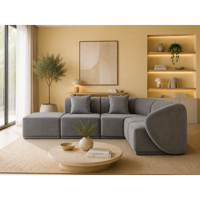 5 Seater Velvet Sofa & Chaise, Grey Velvet, Left Hand Facing