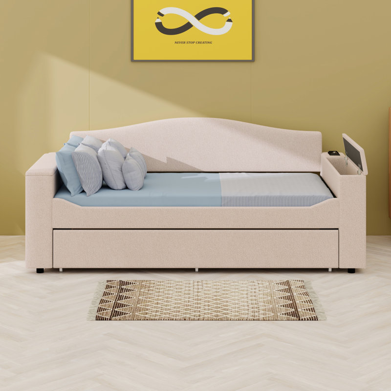 Upholstered Daybed With Storage Armrests, Trundle Bed And Latest Integrated Bluetooth Audio System, Beige, Twin