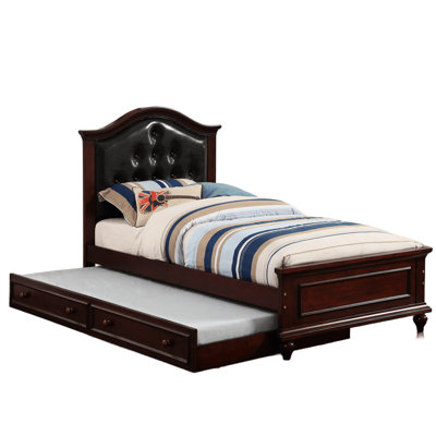Modern Twin Bed With Trundle, Dark Cherry Finish, Pine Plywood And Poplar, Black Faux Leather Headboard Contemporary Size Particle Board, Hb