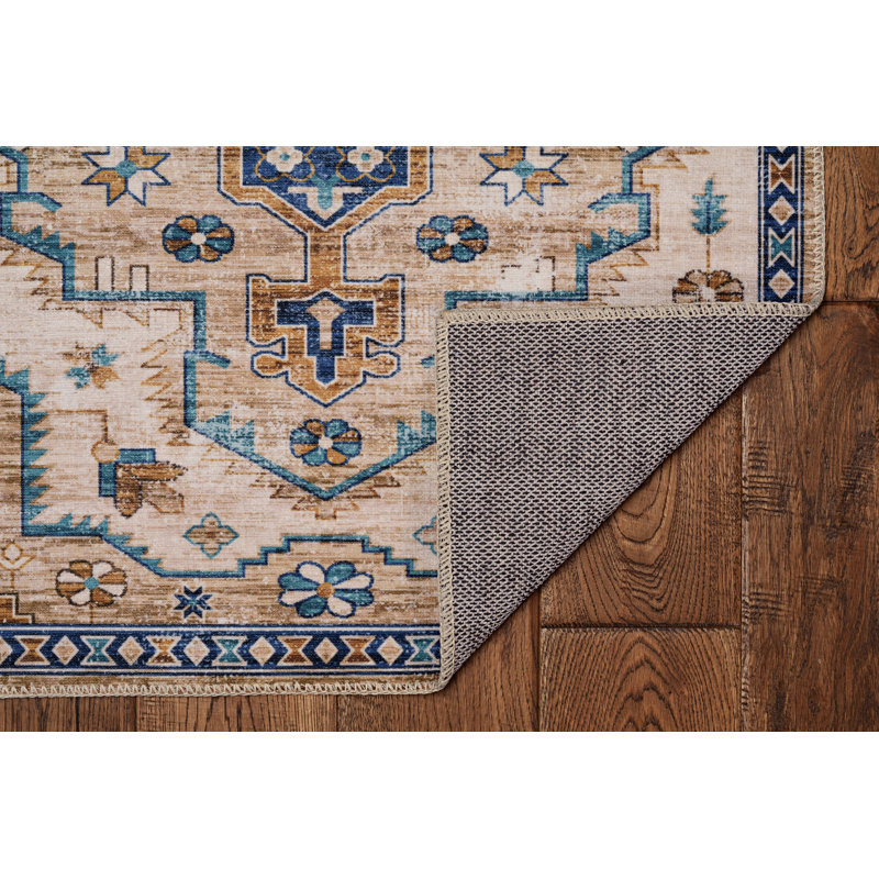 Aspers Machine Washable Ivory and Gold Area Rug, Rectangle 3' x 5'