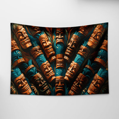 Hawaiian Tiki Faces Wall Tapestry