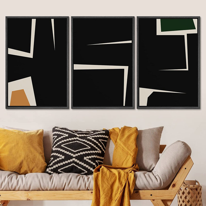 «Black Geometric Abstract Shapes Minimalist Modern Eclectic Wall Art», reproduction encadrée sur toile, 3 pièces, Noir
