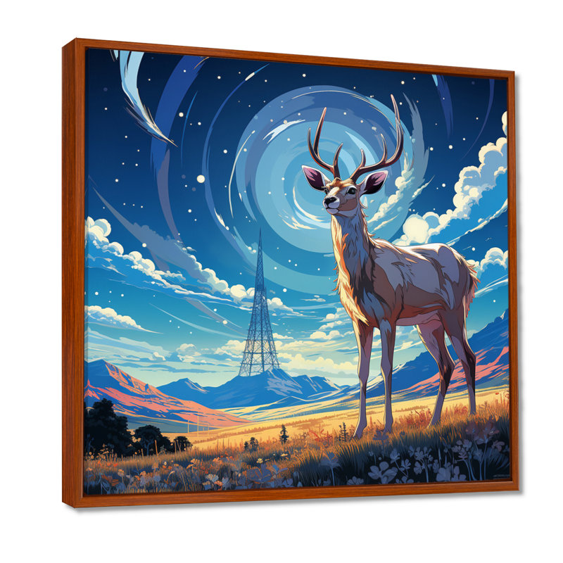 Nocturnal Deer On The Prairie - Deer Animal, reproduction d'art murale, Toile avec cadre brun, H 16 po x l 16 po x P 1 po