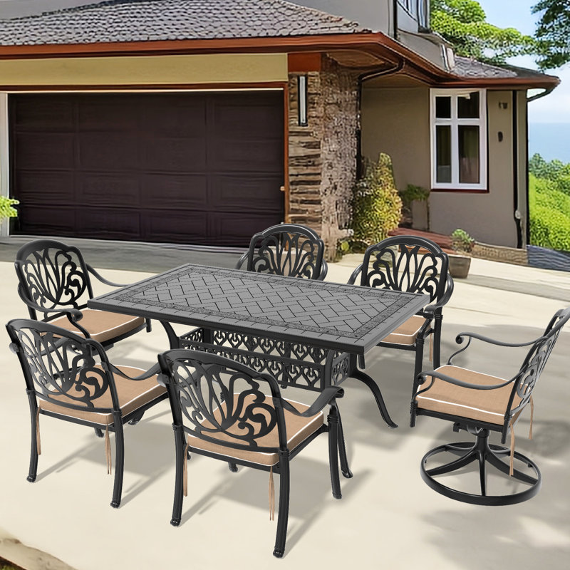 7 chaises de salle à manger en aluminium coulé pour l'extérieur - 2 chaises pivotantes, 4 chaises et table rectangulaire - matériaux de fabrication noirs - capacité de siège de 350 lb - coussins de 160 lb - fini de surface protégé contre les intempéries