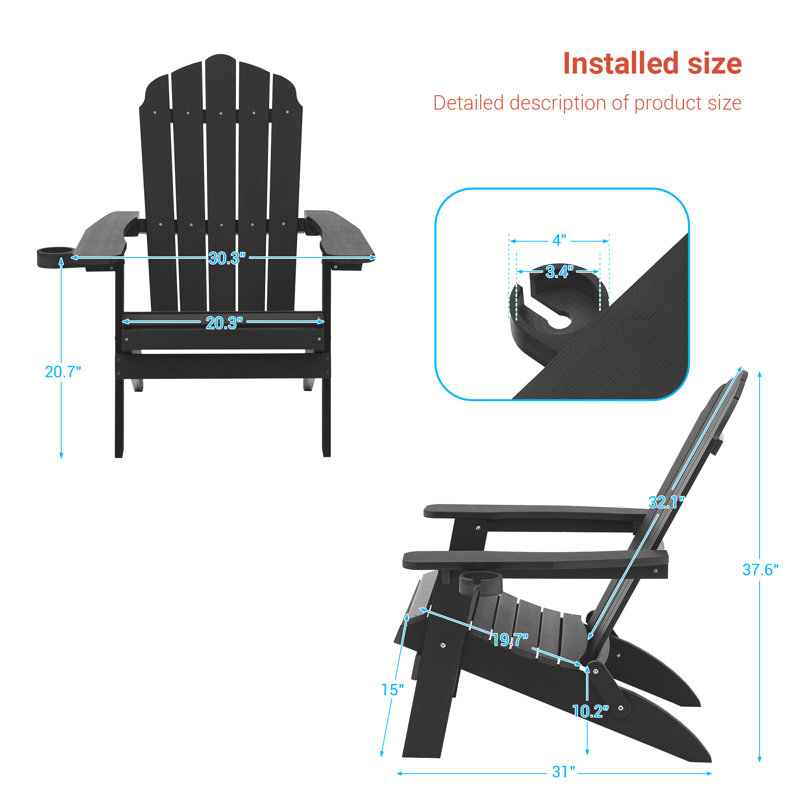 Volkard Foldable HIPS Adirondack Chair, Black