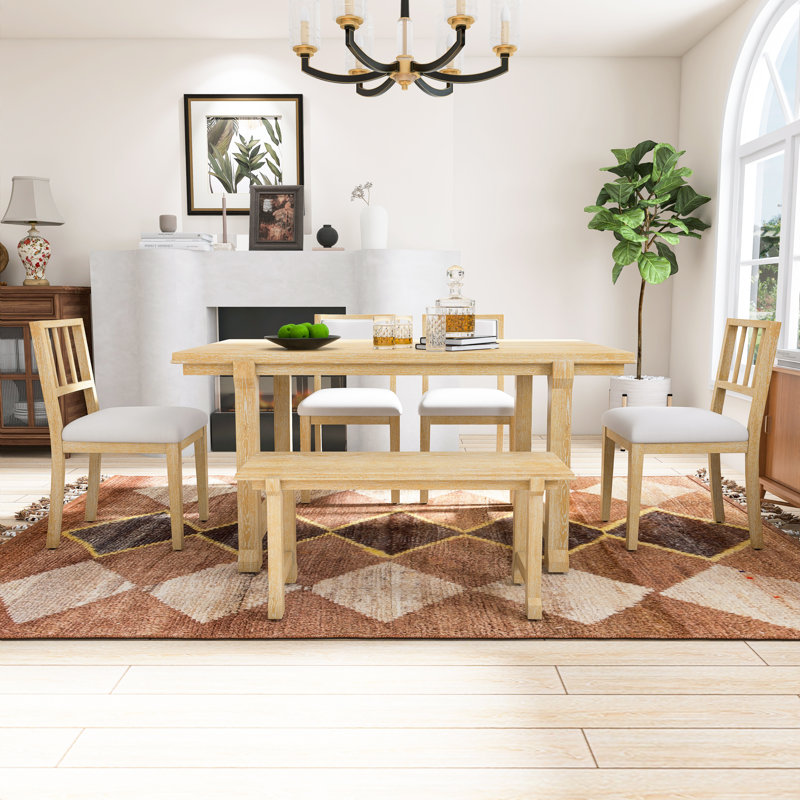 Ensemble de table de salle à manger 6 pièces pour 6 personnes, ensembles de cuisine et de salle à manger avec banc, pieds et structure en bois massif naturel, chaises ergonomiques doubles avec coussins, idéales pour la cuisine et la salle à manger