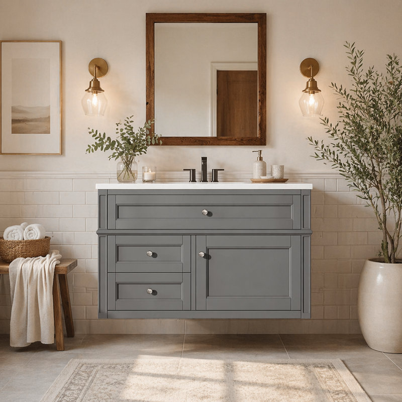 Meuble-lavabo mural 36 po, armoire de rangement flottante avec 2 tiroirs, 1 tiroir basculant, lavabo simple en céramique 3 trous, armoire moderne