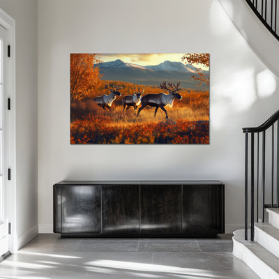 Grande impression de toile de cerf de Noël, scène de renne d'automne doré, scène d'hiver pour le bureau de la chambre à coucher, affiche de toile de fête festive prête à être suspendue, 36 po x 48 po