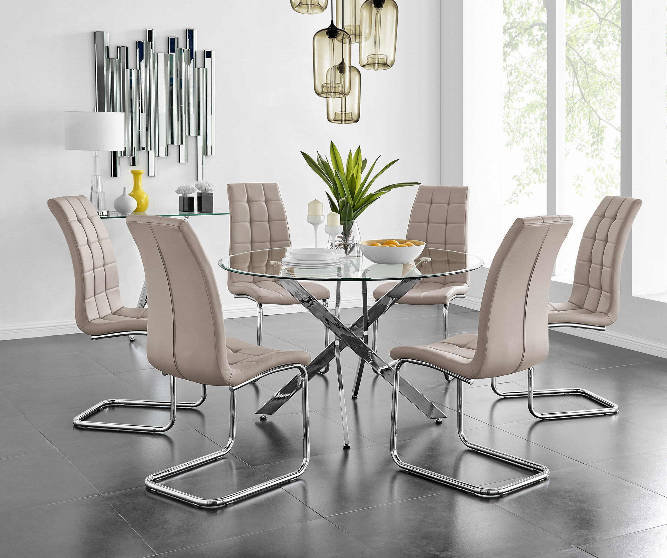 East Urban Home Tierra Sleek Metal And Glass Round Dining Table Set With 6 Faux Leather 1154