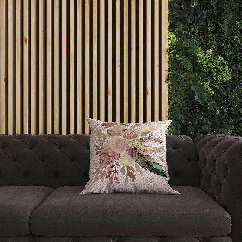 Coussin décoratif réversible Feathered Bouquet, H 20 po x l 20 po, Floral rose / beige / vert, Broadcloth