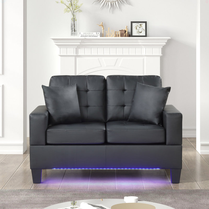 Causeuse en tissu en PVC noir l 55,5 po avec lumières DEL, chargeur USB et coussins capitonnés Genesis
