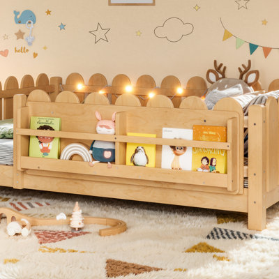 Lit double sur pied avec escalier et lumières DEL, structure de lit en bois de pin avec garde-corps et bibliothèque, conception de profil bas pour lit d'enfant, philosophie éducative Montessori, naturel.