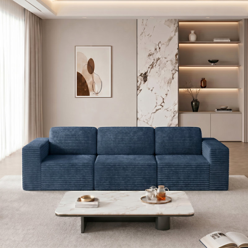 Modular Corduroy 303cm 2-seater Boneless Sofa, No Assembly Required, With High Rebound Sponge, Blue