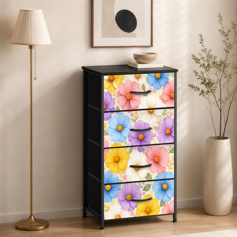 Commode à 4 tiroirs pour chambre à coucher avec fleurs colorées et fleurs pastel et petite commode pour vêtements