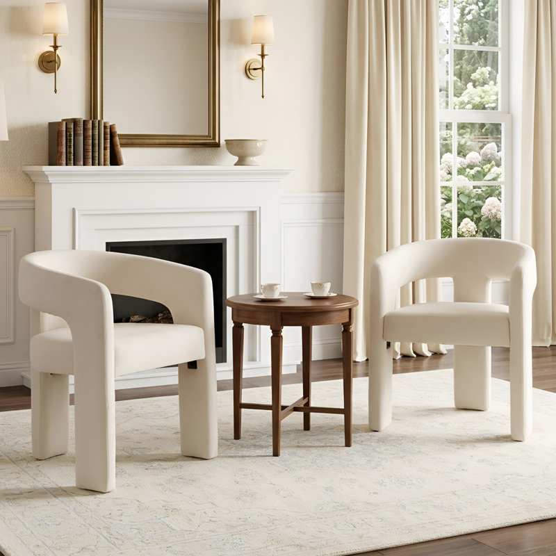 Modern Upholstered Barrel Dining Chairs, Ivory Velvet