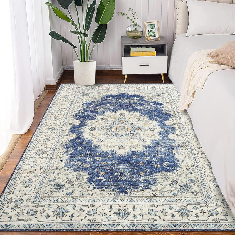 Vintage Boho Area Rug – Washable Floral Print, Non-Slip, Low Pile Carpet for Bedroom, Living Room, Dining Room (Blue)