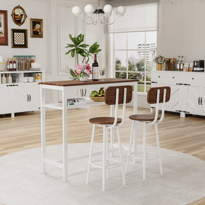 Ensemble 3 pièces de table de bar, table de bar et chaises de salle à manger avec cadre en métal et support de rangement, table de hauteur comptoir moderne avec 2 tabourets