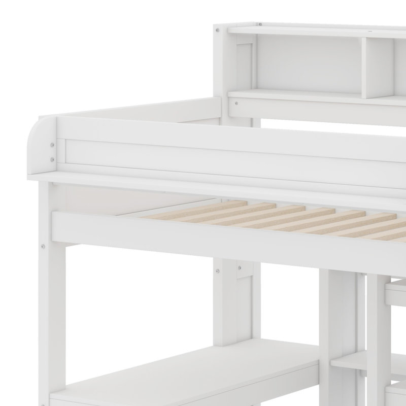 Lit mezzanine en bois avec plusieurs tablettes de rangement et garde-robe, Blanc