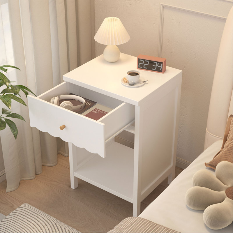 Modern White Nightstand With Drawer And Open Shelf,Scalloped Edge Bedside Table For Bedroom, Cute Minimalist Side Table For Kids Room Or Girls' Room