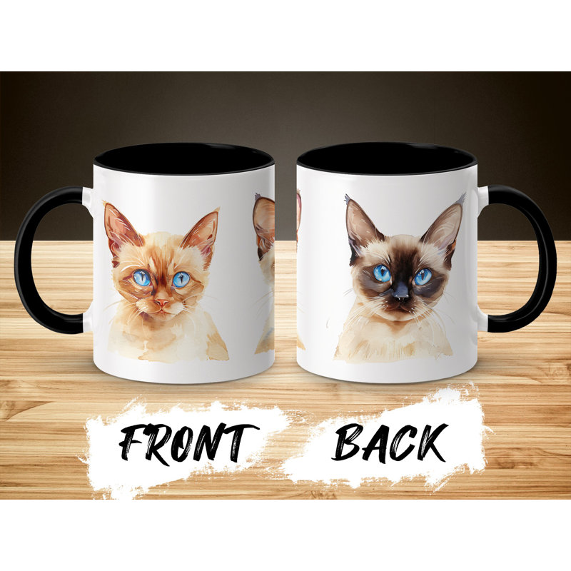 Cat Design 11oz Accent Mug – White Ceramic Coffee Cup with Colored Handle and Interior, 1, Black
