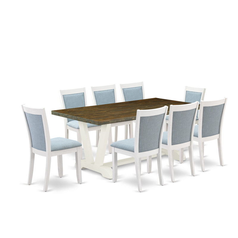 L'ensemble de table à manger 9 pièces contient une table moderne Jacobean patinée et 8 chaises de salle à manger en lin bleu bébé avec dossier élégant - Lin brossé blanc