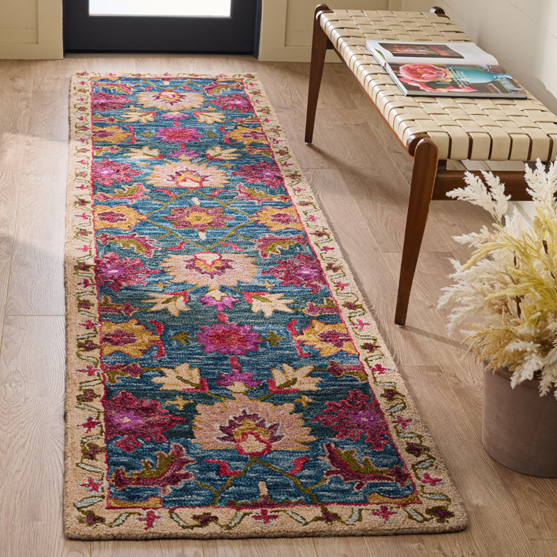 Tapis d'intérieur floral en laine touffeté à la main, Tapis de couloir 2 pi 3 po x 9 pi