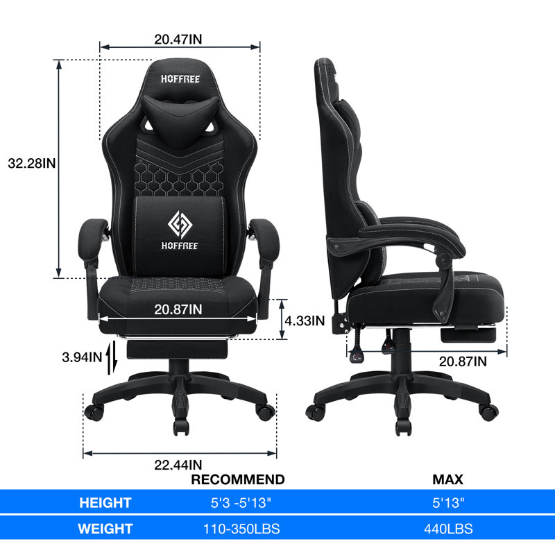 Reclining Ergonomic Fabric PC & Racing Game Chair with Vibration Lumbar Pillow, Black