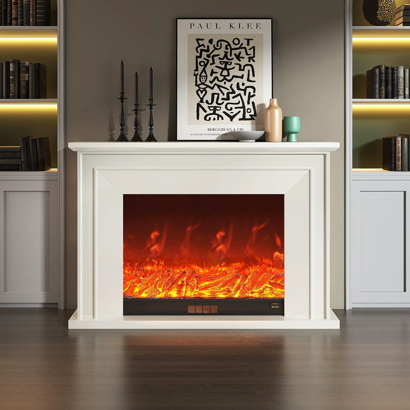 Foyer électrique en bois massif beige, H 39,37 po x l 59,06 po x P 12,6 po