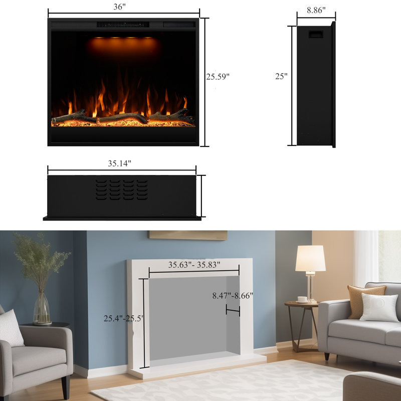 Modern Recessed Electric Fireplace Inserts, 750W Or 1500W Heater Fireplace, Adjustable Realistic Flame, Timer, Faux Log, Remote Control