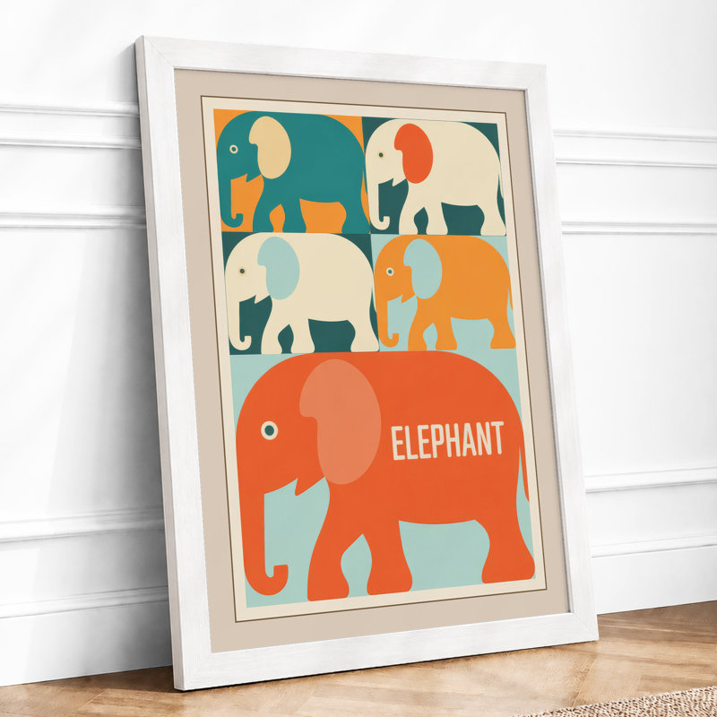 Elephant Study Grid Mid-Century - Framed Print, A2 - 59.4 x 42.0 cm, White