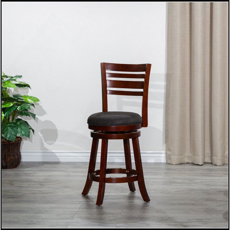Tabouret pivotant à dossier et à lattes à hauteur de comptoir 24 po, siège en tissu, Noir, Cerisier