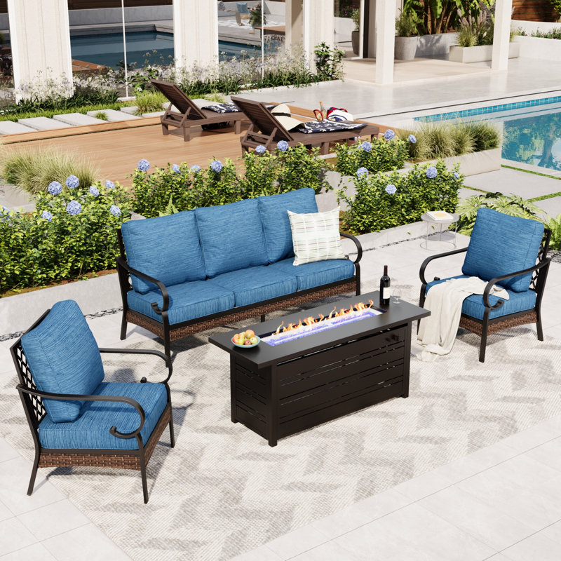 5-Person Patio Conversation Sets With Fire Pit Table, Black/Peacock Blue/Black
