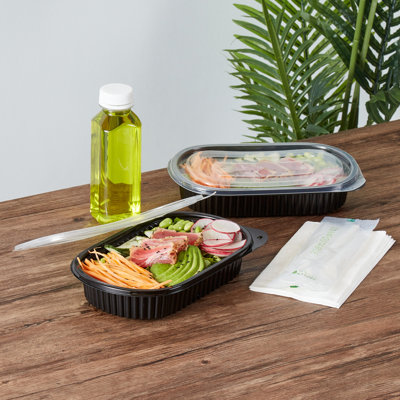 Restaurantware-RW Base 25 Ounce Meal Prep Containers, 100 Microwavable To Go Containers With Lids - Disposable, Freezable, Black Plastic Oval Food Containers, Pack Hot And Cold Food, For Takeaway