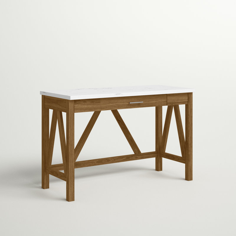 Cardiss 46" A-Frame Writing Desk, Faux White Marble/Natural Walnut