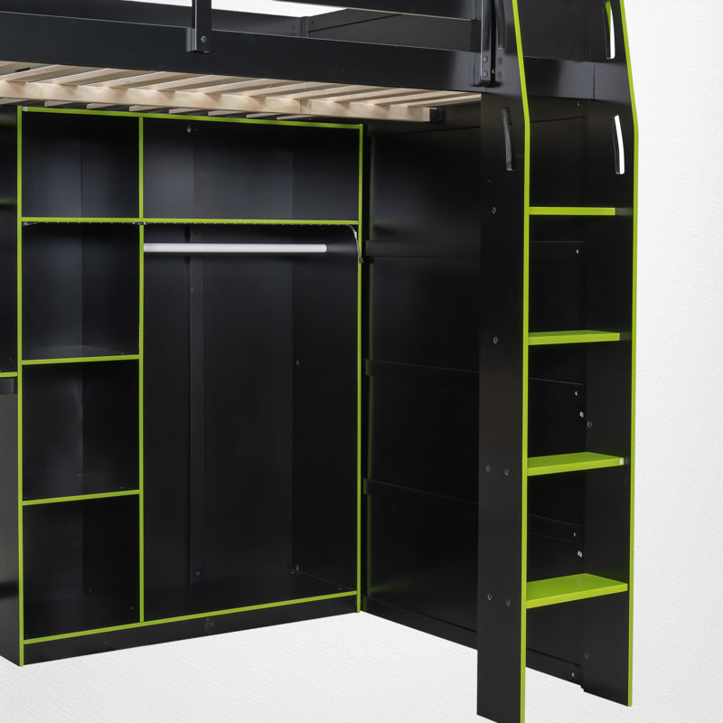 Lit mezzanine double avec bureau intégré en L, garde-robe et éclairage à DEL, Vert / noir