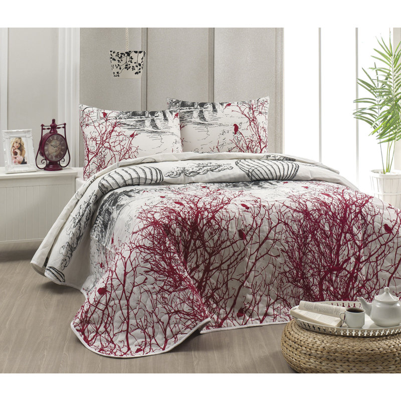 Ensemble de couvre-lit Niki blanc / rouge bordeaux / gris / noir, Couvre-lit 79 po x 98 po + 2 taies d'oreiller stan