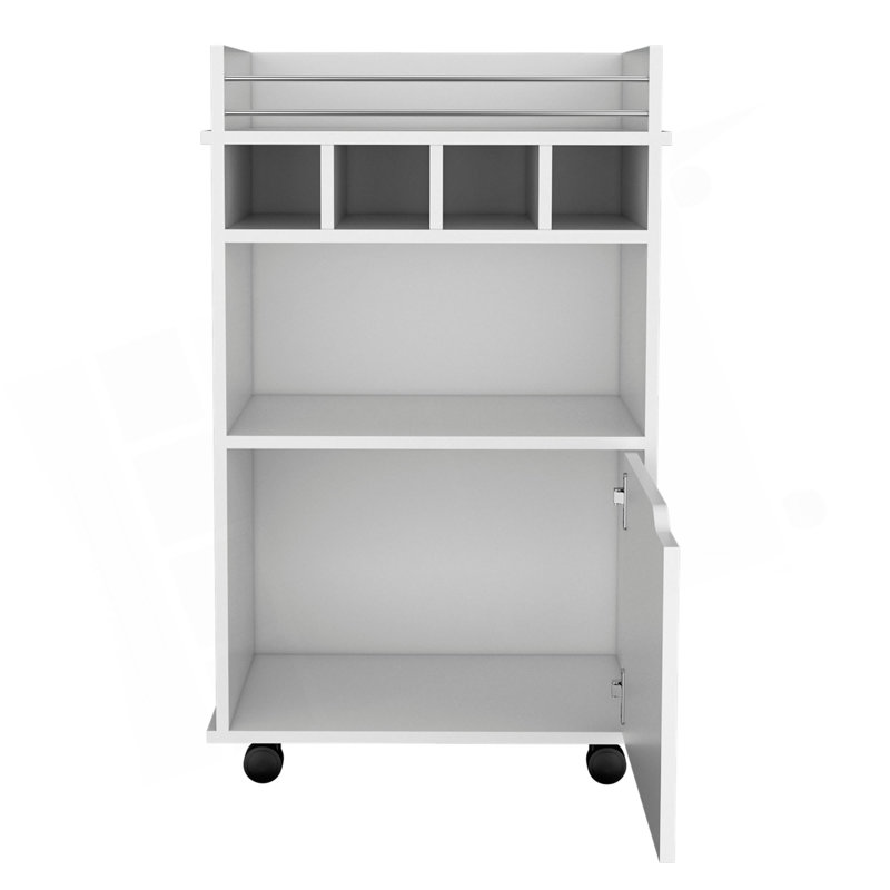 Chariot-bar H 35 po avec deux tablettes, quatre casiers à vin et une armoire, Blanc