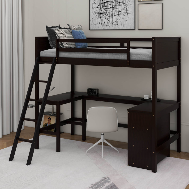 Lit mezzanine simple avec tablettes et bureau, Espresso