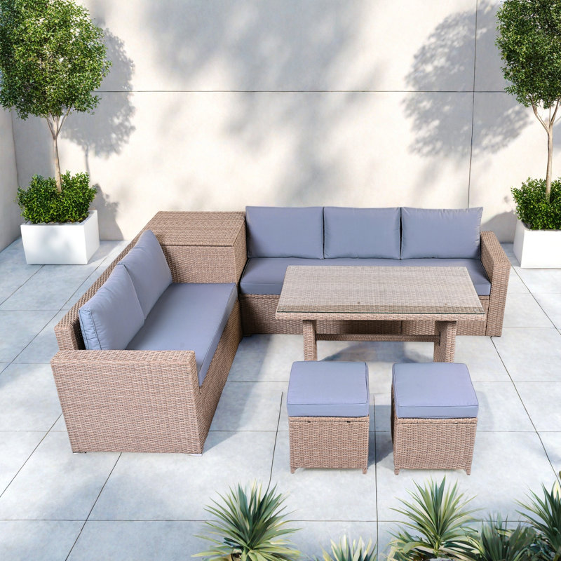 6-piece All Weather Pe Rattan Sofa Set With Adjustable Seat, Storage Box, Removable Covers And Tempered Glass Top Table