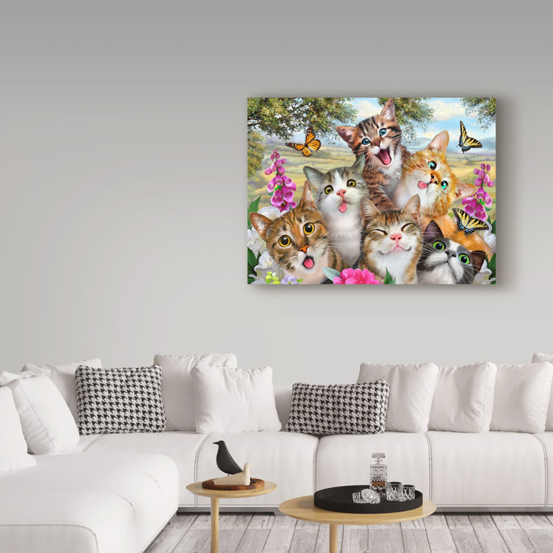 Goofy Kittens Canvas Art with Pink Flowers