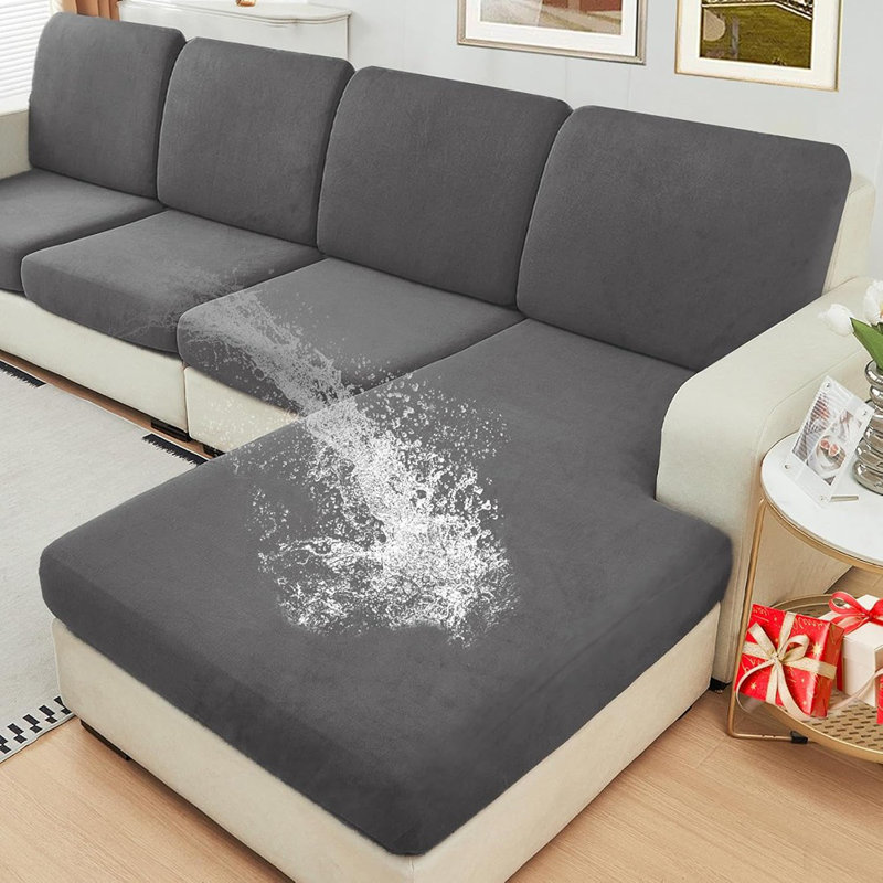 Housses de coussin modulaires en velours imperméables grises - Housses extensibles 4 pièces avec fond élastique pour canapé et chaise 3 places