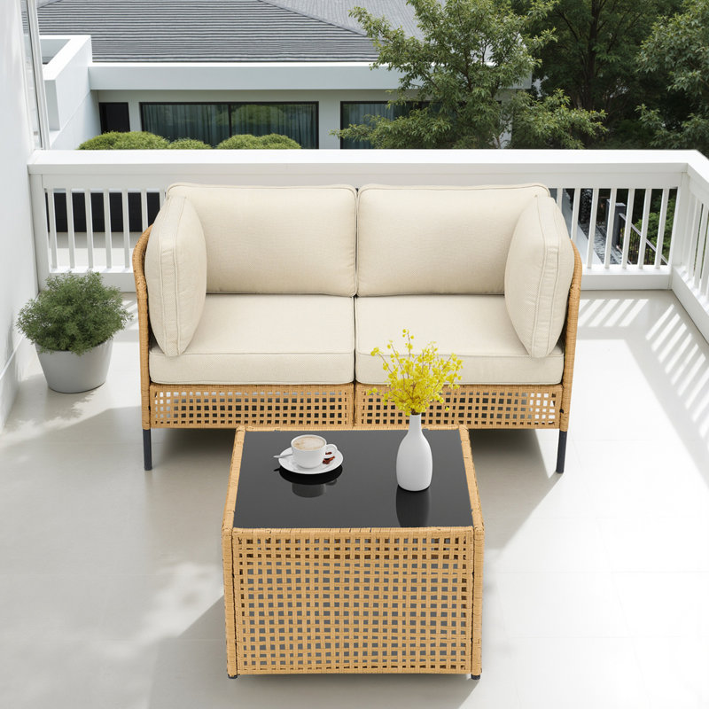 Ensemble de mobilier modulaire de patio 3 pièces, canapé de conversation modulaire en rotin PE avec table d'appoint et coussins beiges, pour terrasse de jardin