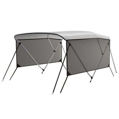 Toit bimini à 3 nœuds pour bateaux - Toile imperméable 600D de qualité marine avec revêtement en polyuréthane, 2 rideaux latéraux amovibles en maille, poteaux de soutien arrière - gris clair avec rideaux latéraux, L 6 pi x H 46 po x l 73 po à 78 po