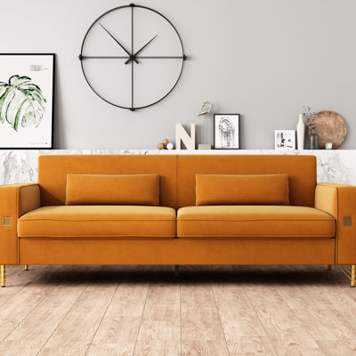 3 velours avec bordure dorée - Rehaussez votre décor intérieur Canapé orange transformant l'élégance de l'espace