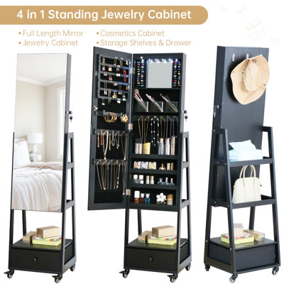 Armoire à bijoux avec miroir sur pied, miroir de rangement pleine longueur pour bijoux avec écran tactile et miroir de coiffeuse rotatif pour armoire à bijoux verrouillable avec roues de tiroir
