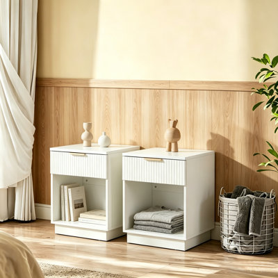 Modern White Fluted Nightstand With Drawer & Open Shelf, Minimalist Bedside Table For Bedroom, Small Space Friendly，2Pcs