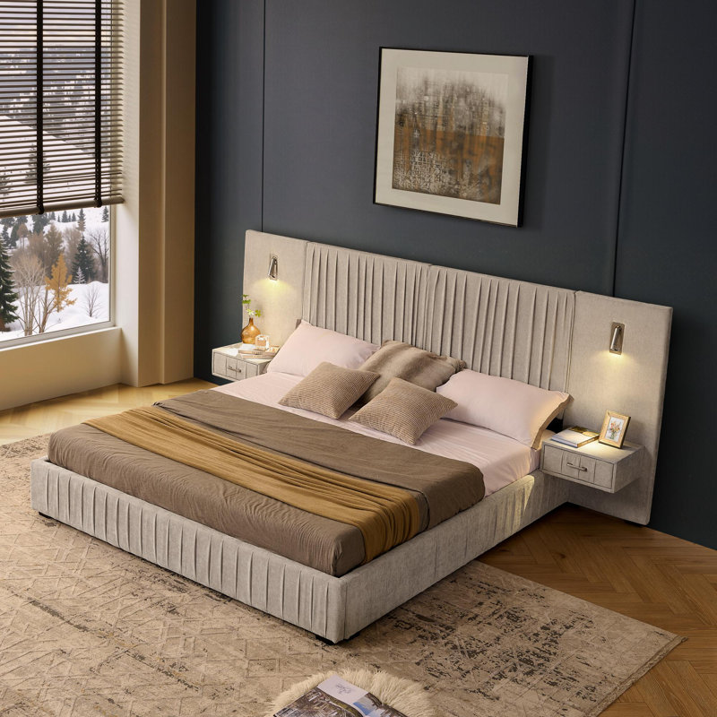 Très grande base de lit tapissier avec tête de lit, Beige, Très grand lit