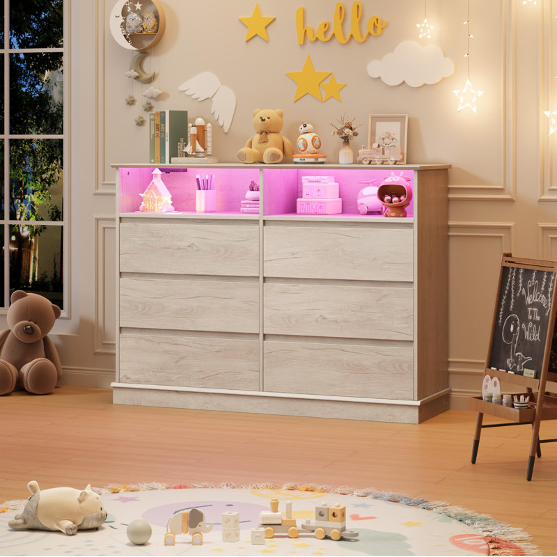 6 Drawer Dresser for Bedroom with Power Outlet, Modern Double Dresser with LED Lights, Wide Dresser Organizer with Open Shelf Storage for Closet Bedroom Living Room Hallway, Oak